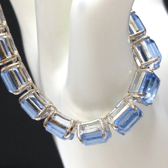 Vintage Monet Light Blue Lucite Rhinestone Bracelet, Rhodium Plated - Picture 4 of 10
